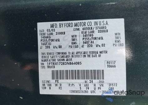 2003 Ford F150 z USA, uszkodzony, nr VIN 1FTRX17283NB64085
